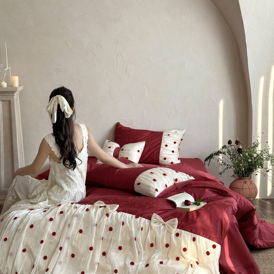 Luxurious Polka Dot Velvet Reversible Duvet Cover Set with Sheer Ruffle Trim and Decorative Bows