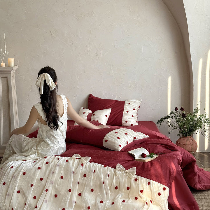 Luxurious Polka Dot Velvet Reversible Duvet Cover Set with Sheer Ruffle Trim and Decorative Bows