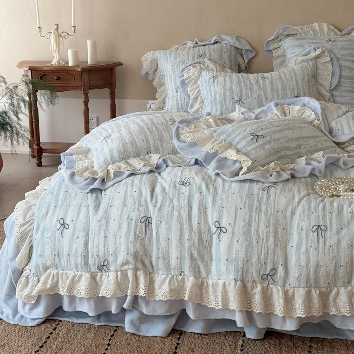 Ruffled Eyelet Lace Embroidered Cotton Duvet Cover Set