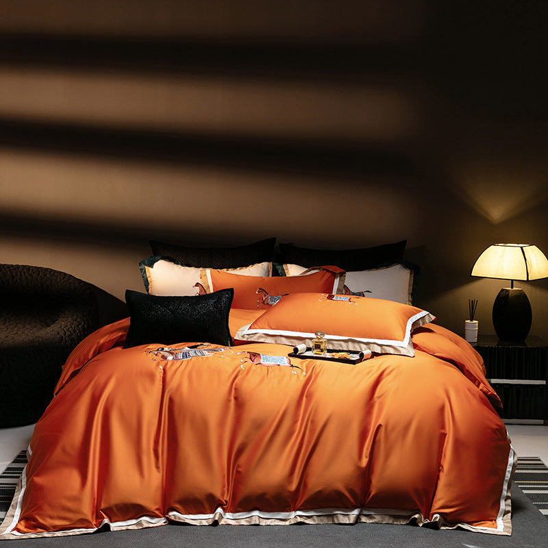 Luxury Satin Embroidered Duvet Cover Set with Horse Motif