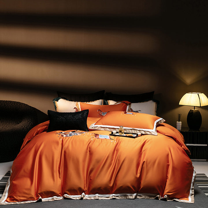 Luxury Satin Embroidered Duvet Cover Set with Horse Motif