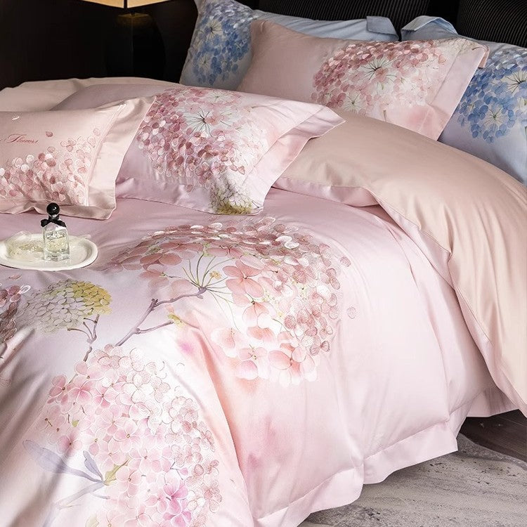 Silky Sateen Hydrangea-Print Duvet Cover Set with Reversible Back and Decorative Shams