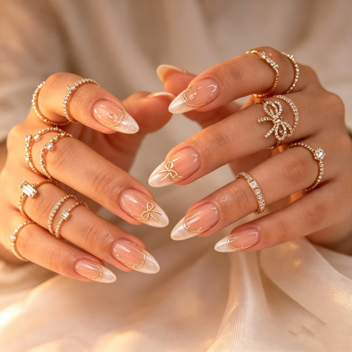 Artificial nails with Elegant French Design and Golden Decorations Stornfield