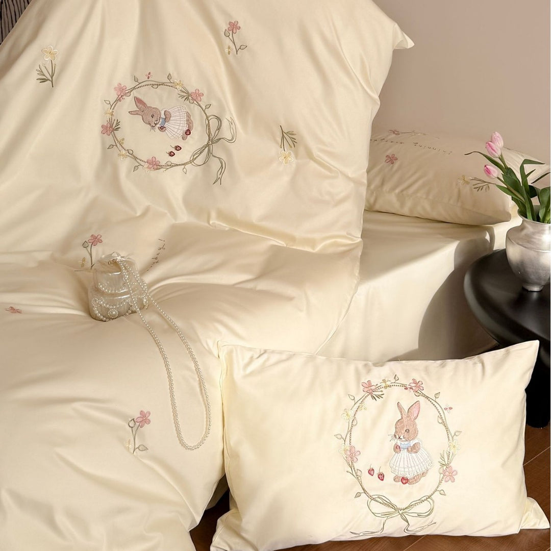 Children's Embroidered Bunny Cotton Sateen Bedding Ensemble with Ruffled Round Throw Pillow