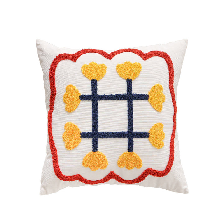 Hand-tufted square decorative cushion cover with floral chenille appliqué
