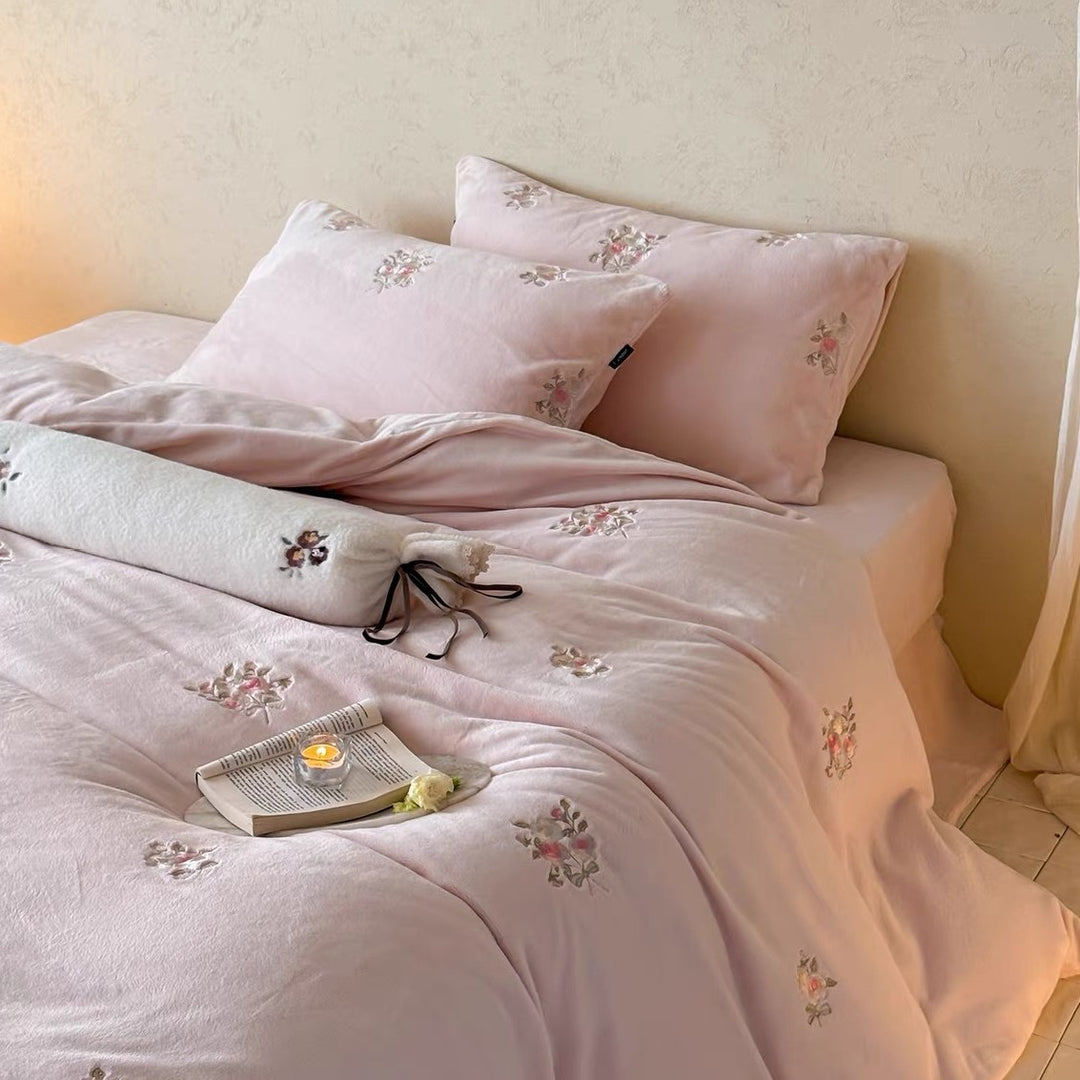Embroidered Floral Velvet Duvet Cover Set with Pillow Shams