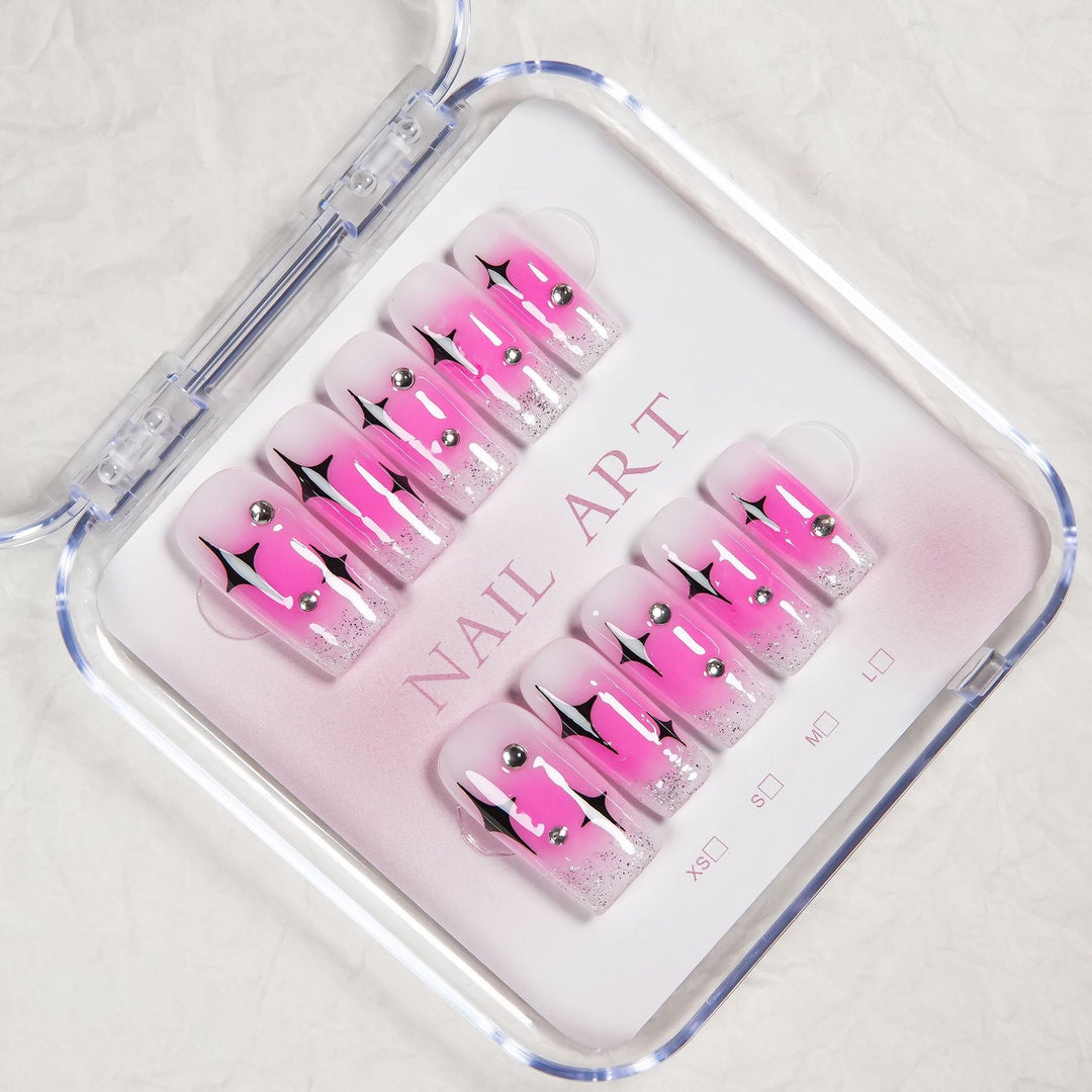Artistic Press-On Nail Set with Gem Accents