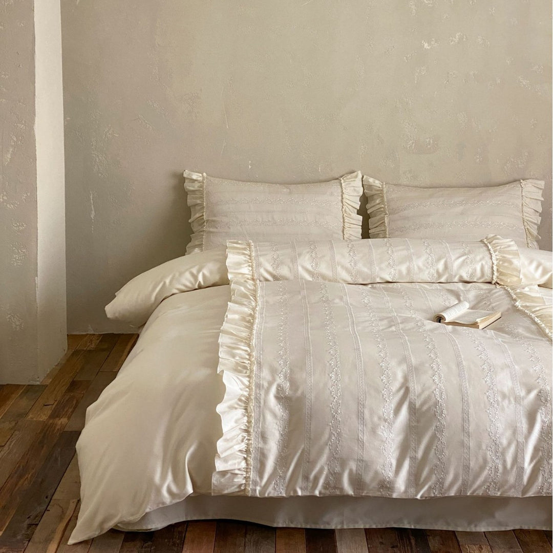 French-Inspired Ruffled Embroidered Cotton Sateen Duvet Cover Set with Pillow Shams