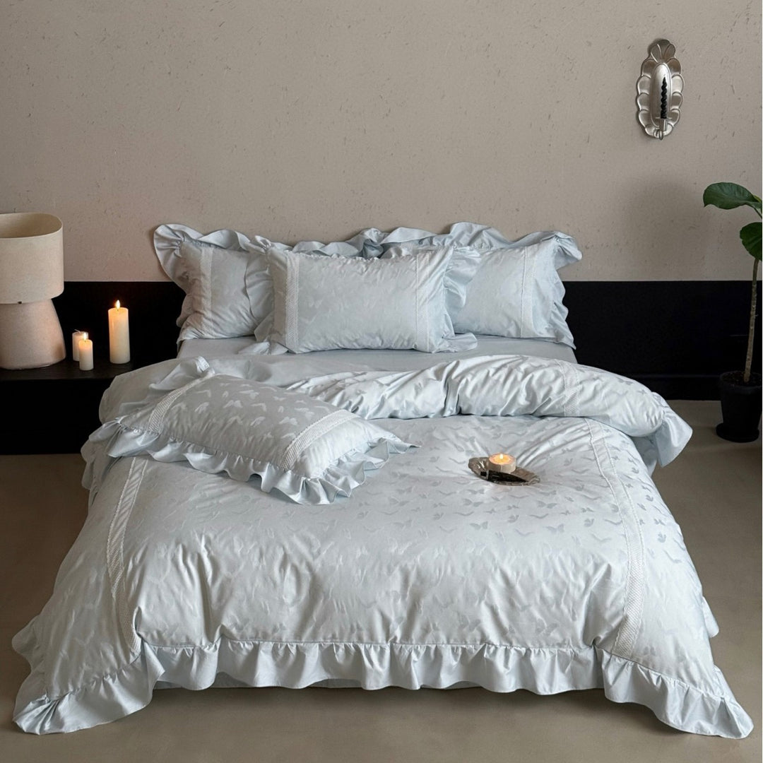 Ruffled Jacquard Butterfly Cotton-Sateen Duvet Cover Set