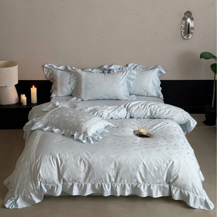 Ruffled Jacquard Butterfly Cotton-Sateen Duvet Cover Set