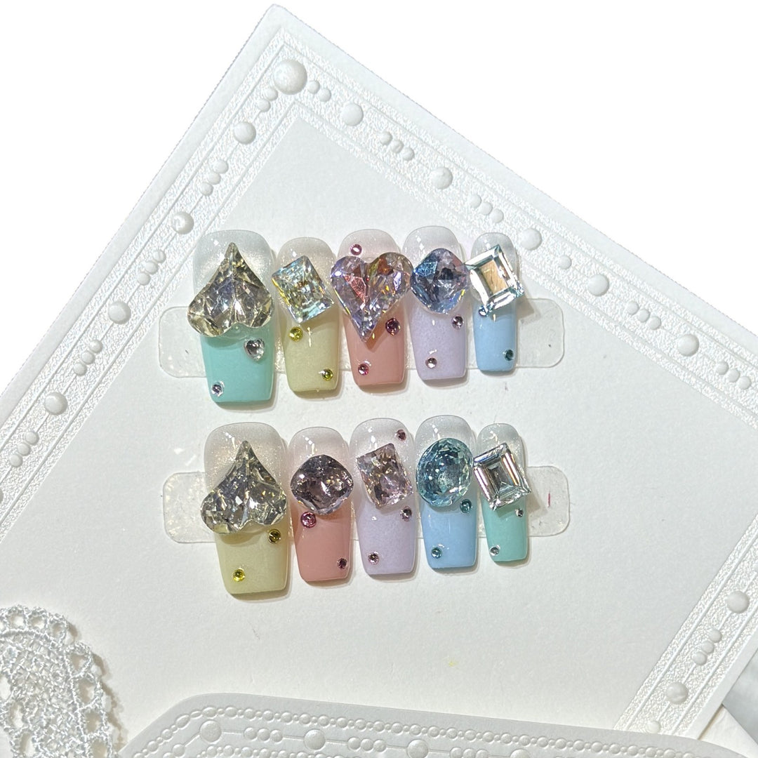 Artistic Press-On Nail Set with Gemstone Embellishments Stornfield