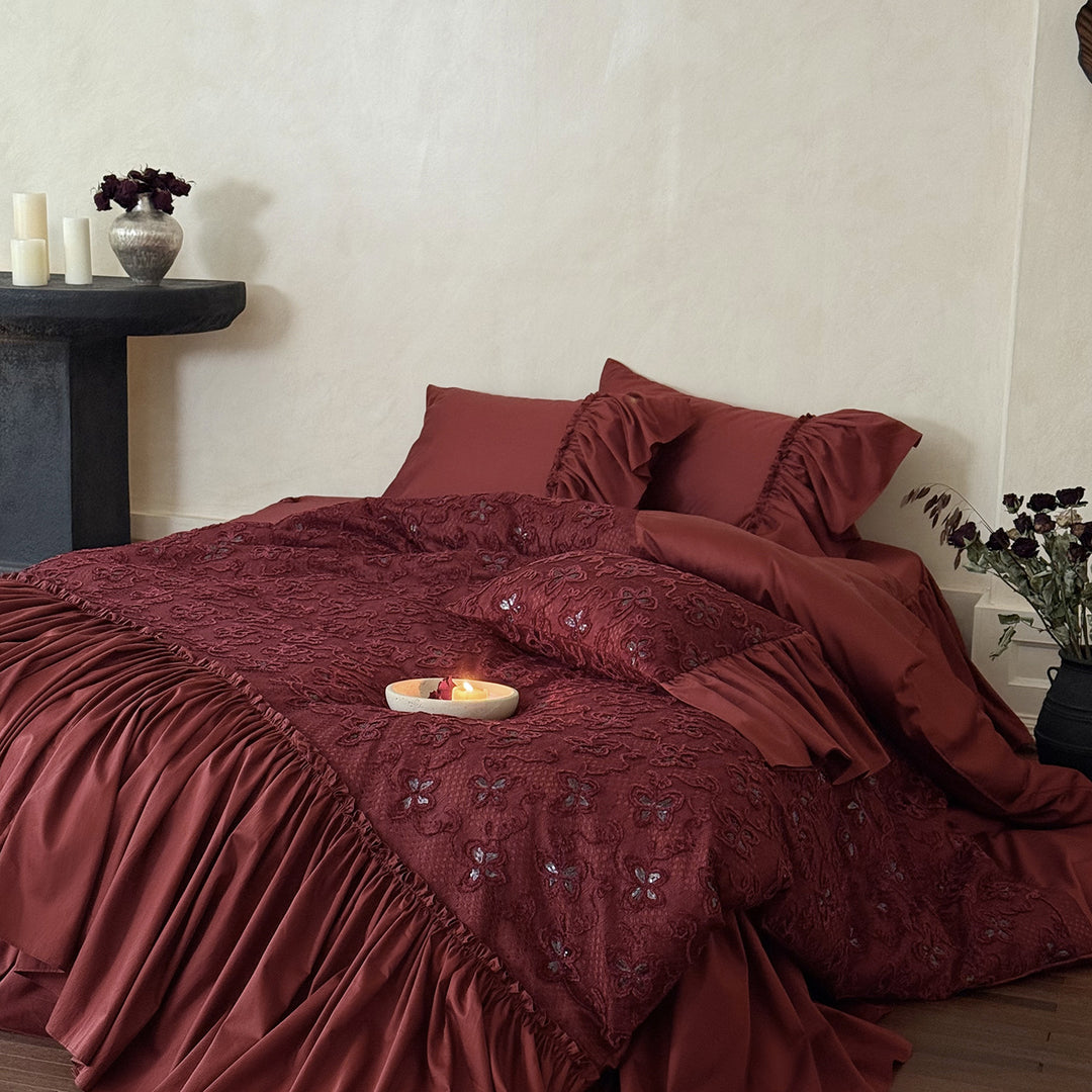 Opulent ruffled table cover and bed cover set made of cotton satin with embroidered decorative pillow