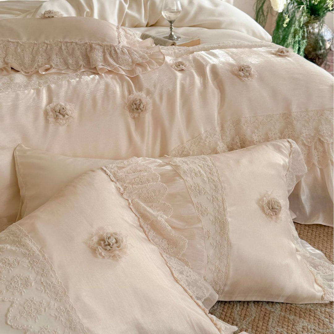 Lace-Trimmed Satin Ruffled Duvet Cover Set with Rosette Pillow Shams