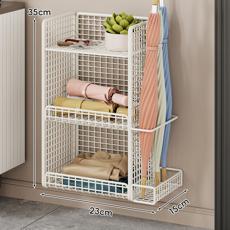 Wall-Mounted Mesh Entryway Organizer with Three-Tier Shelves and Side Umbrella Rack