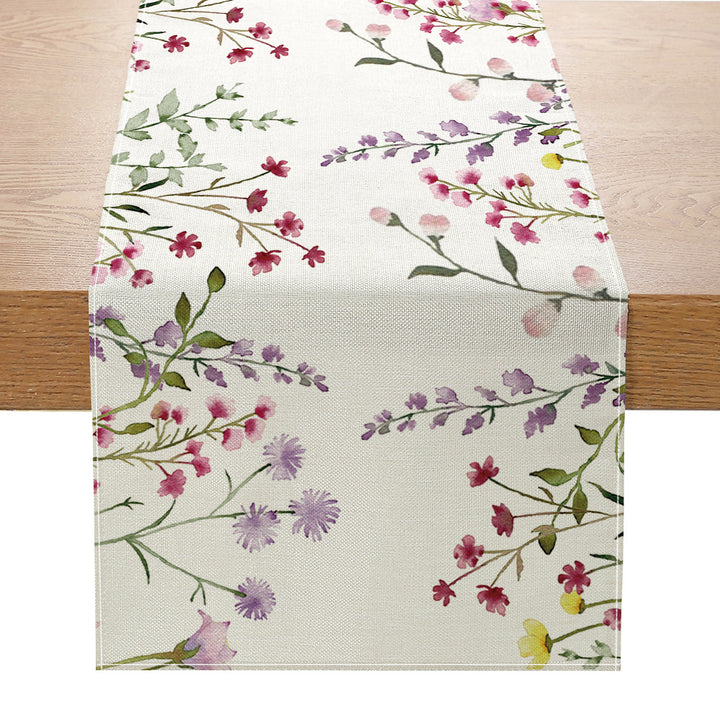 Linen-Blend Watercolor Floral Botanical Table Runner with Stain-Resistant Finish and Hemmed Edges