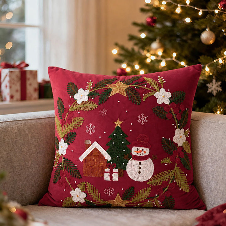 Embroidered Christmas decorative pillow cover with sequins and festive wreath motif