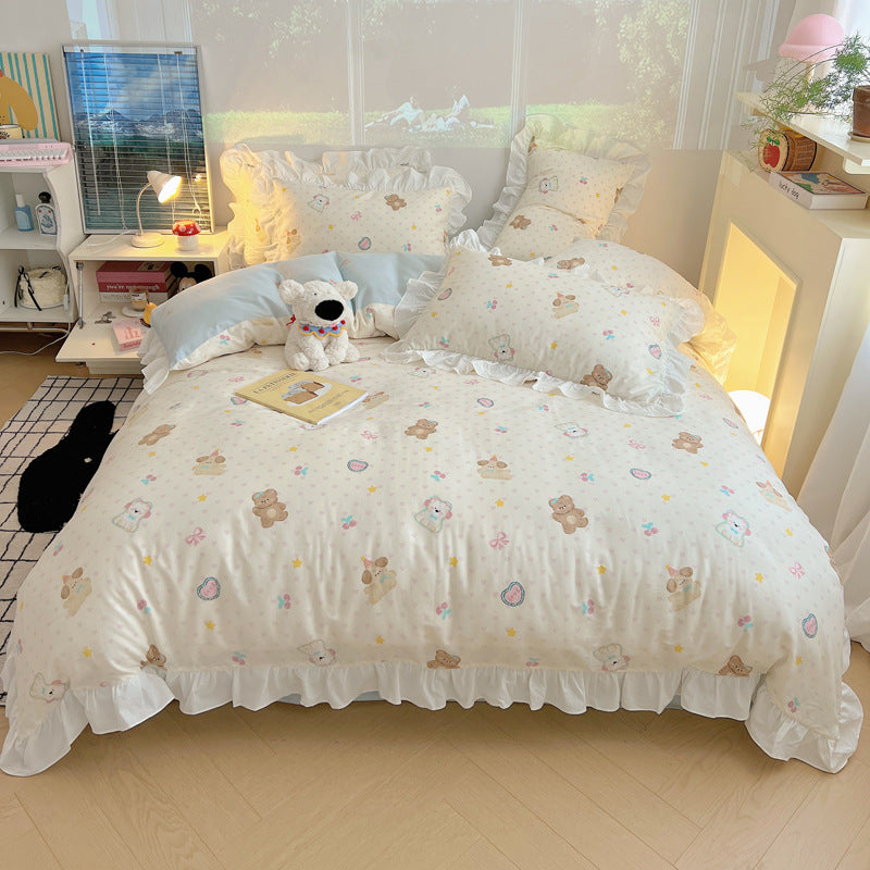 Frilled-Edge Pastel Storybook Print Cotton Duvet Cover and Sham Set