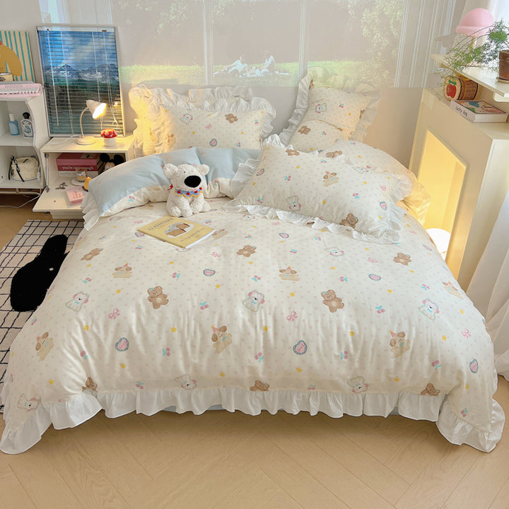 Frilled-Edge Pastel Storybook Print Cotton Duvet Cover and Sham Set