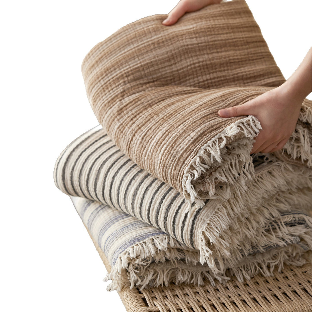 Lightweight Textured Cotton Gauze Bed Throw with Fringed Edge