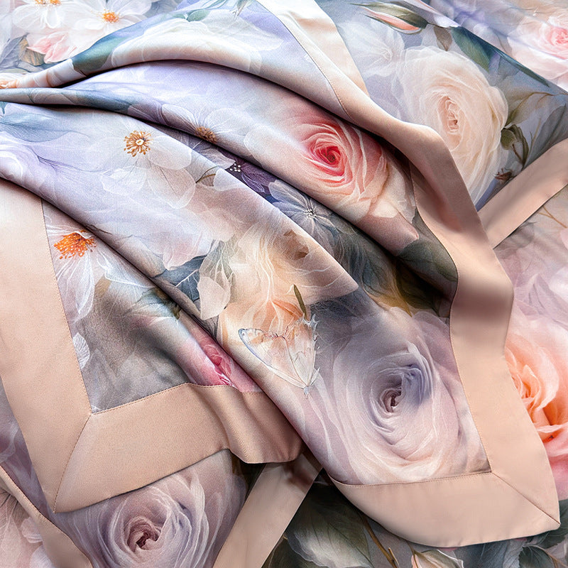 Luxurious satin bedding set with rose pattern and silky shiny surface