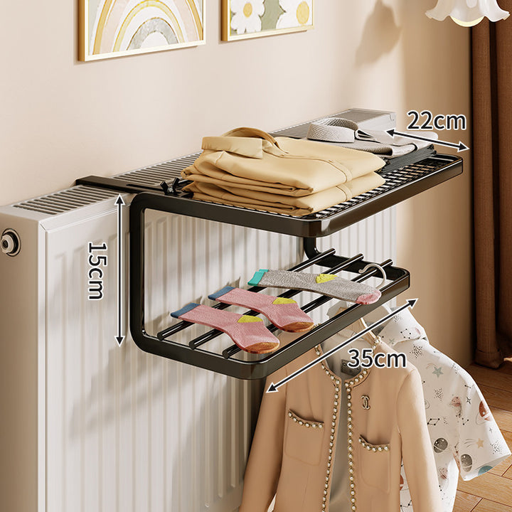 Radiator-Mounted Heated Drying Shelf with Foldable Hanging Bars
