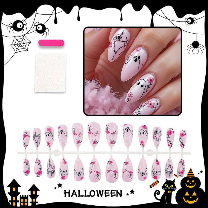 Artificial nail set with playful ghost and flower motifs Stornfield