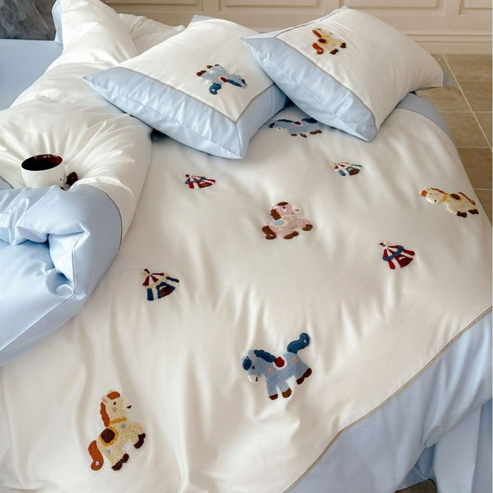 Embroidered Cotton Duvet Cover Set with Horse Appliqué