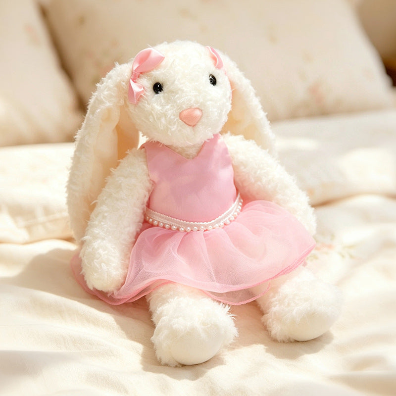 Plush Floral-Lined Ear Bunny Stuffed Toy with Embroidered Face and Curly Faux Fur Stornfield