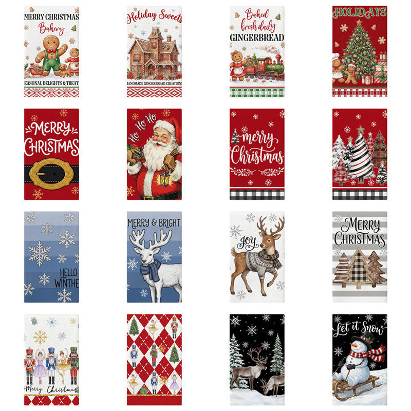 Festive Cotton-Linen Kitchen Tea Towel with Christmas Tree Print and Buffalo Check Border