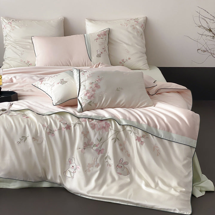 Luxe Satin-Feel Botanical Embroidered Duvet Cover Ensemble with Appliqué Bunnies & Ribbon-Tie Hem