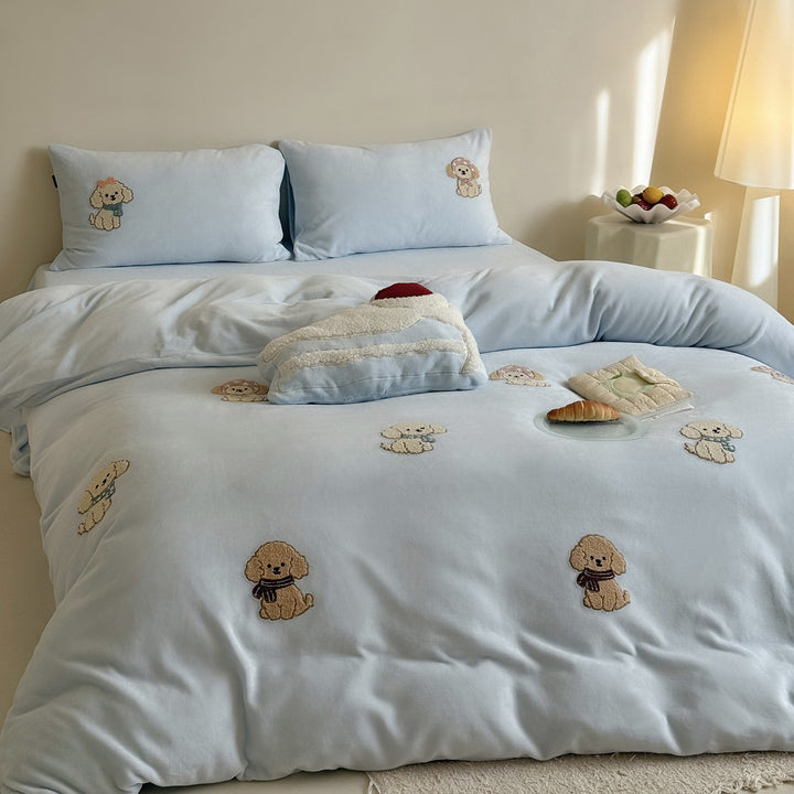 Embroidered Puppy Motif Cotton-Sateen Duvet Cover Set
