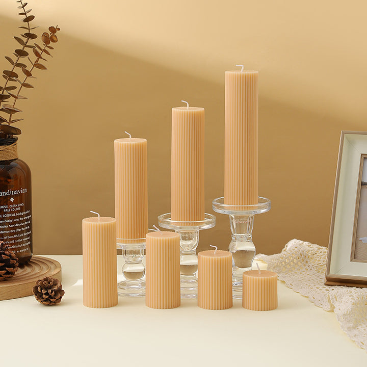 Ribbed Decorative Pillar Candle with Crystal Glass Pedestal Holder