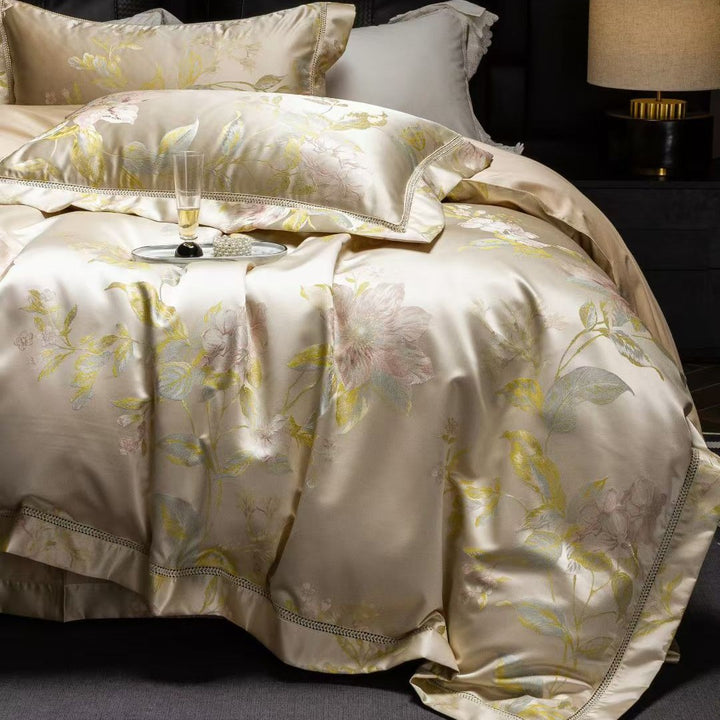 Luxury Satin Jacquard Floral Duvet Cover Set with Decorative Piped Pillow Shams