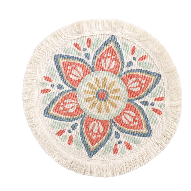 Beef flat-woven floor rug in Boho-Mandala design with cotton fringes