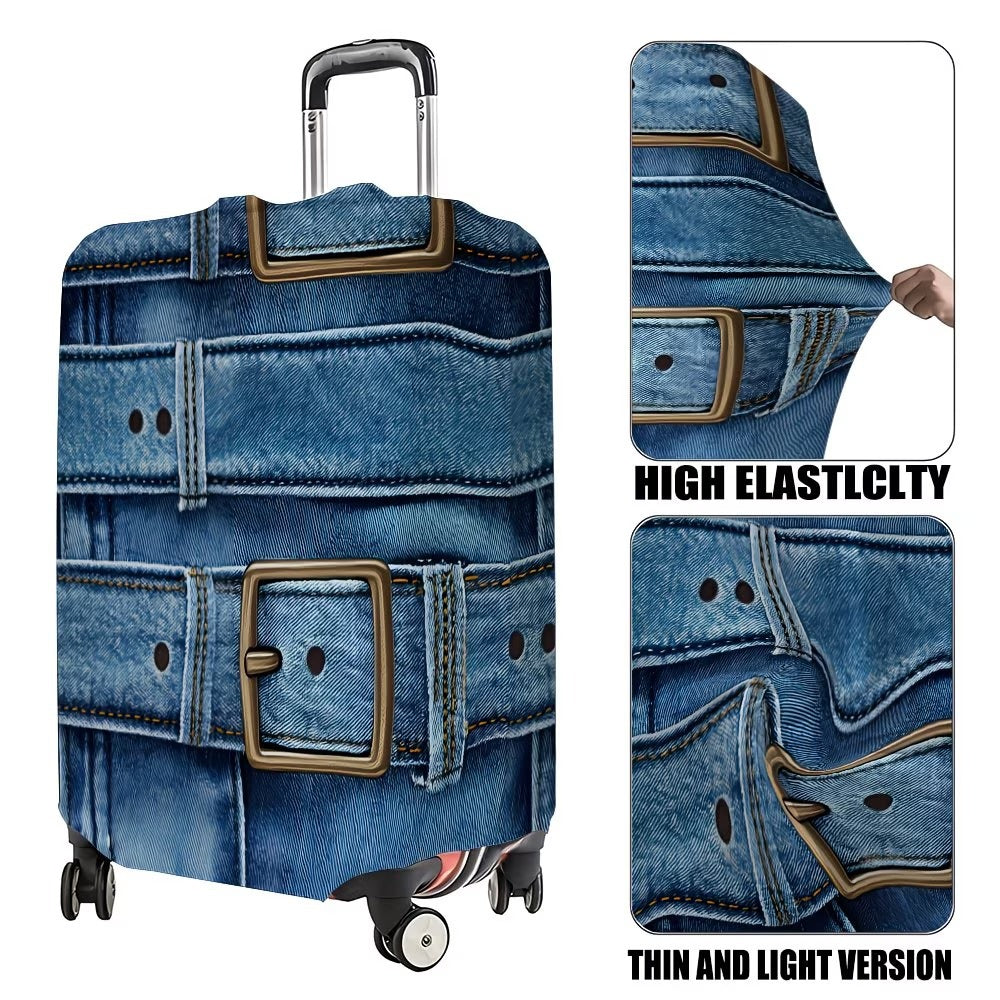 Unisex stylish suitcase cover with denim belt motif, elastic protective cover for rolling suitcase Stornfield