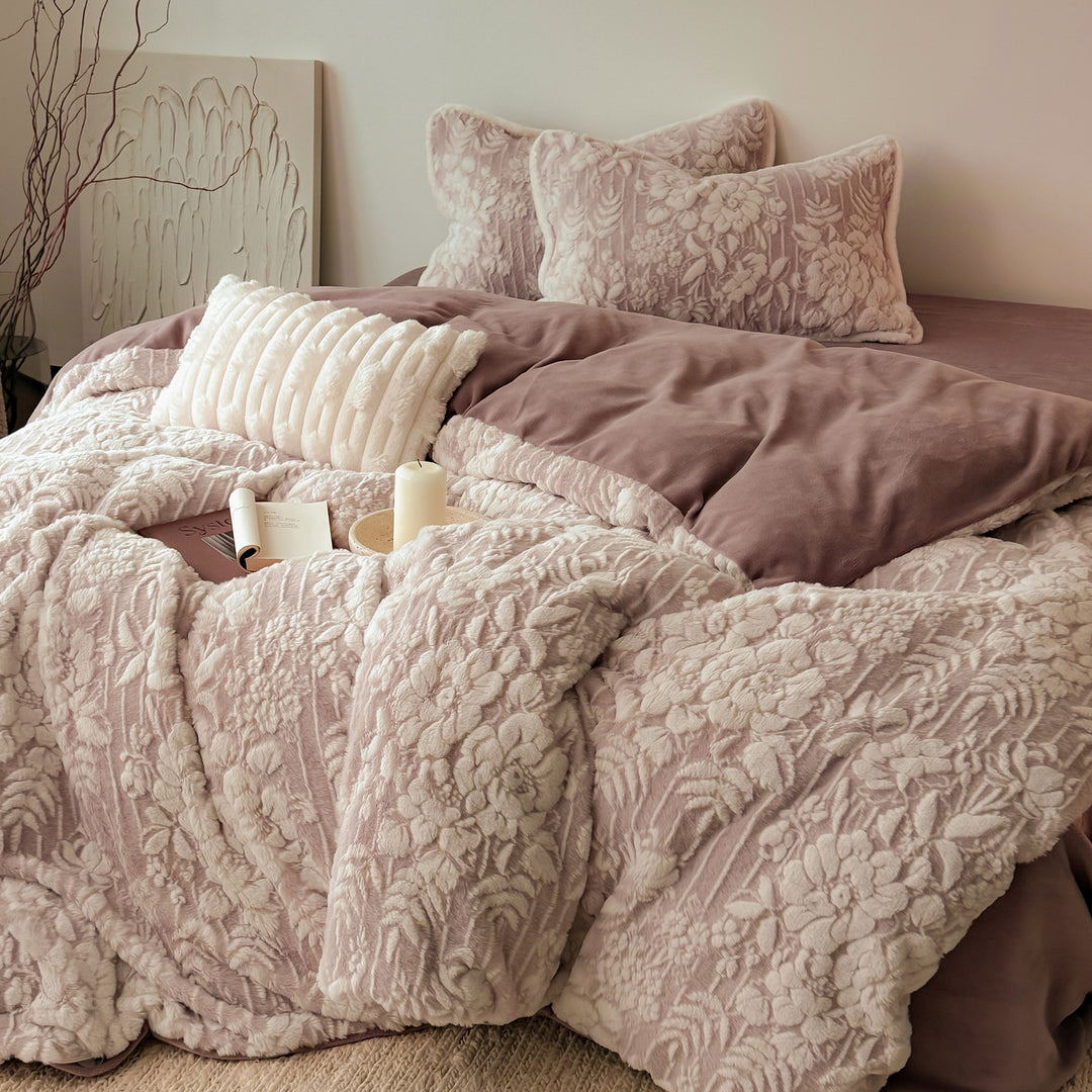 Embossed Plush Floral Quilted Reversible Duvet Cover Set with Matching Shams