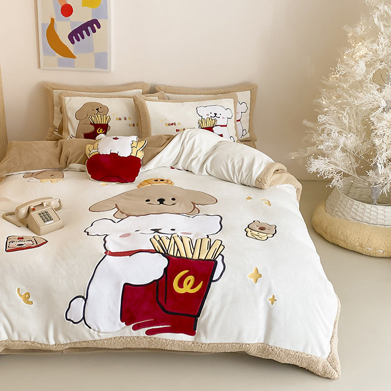 Cozy bedding set with embroidered cartoon cats and plush appliqués