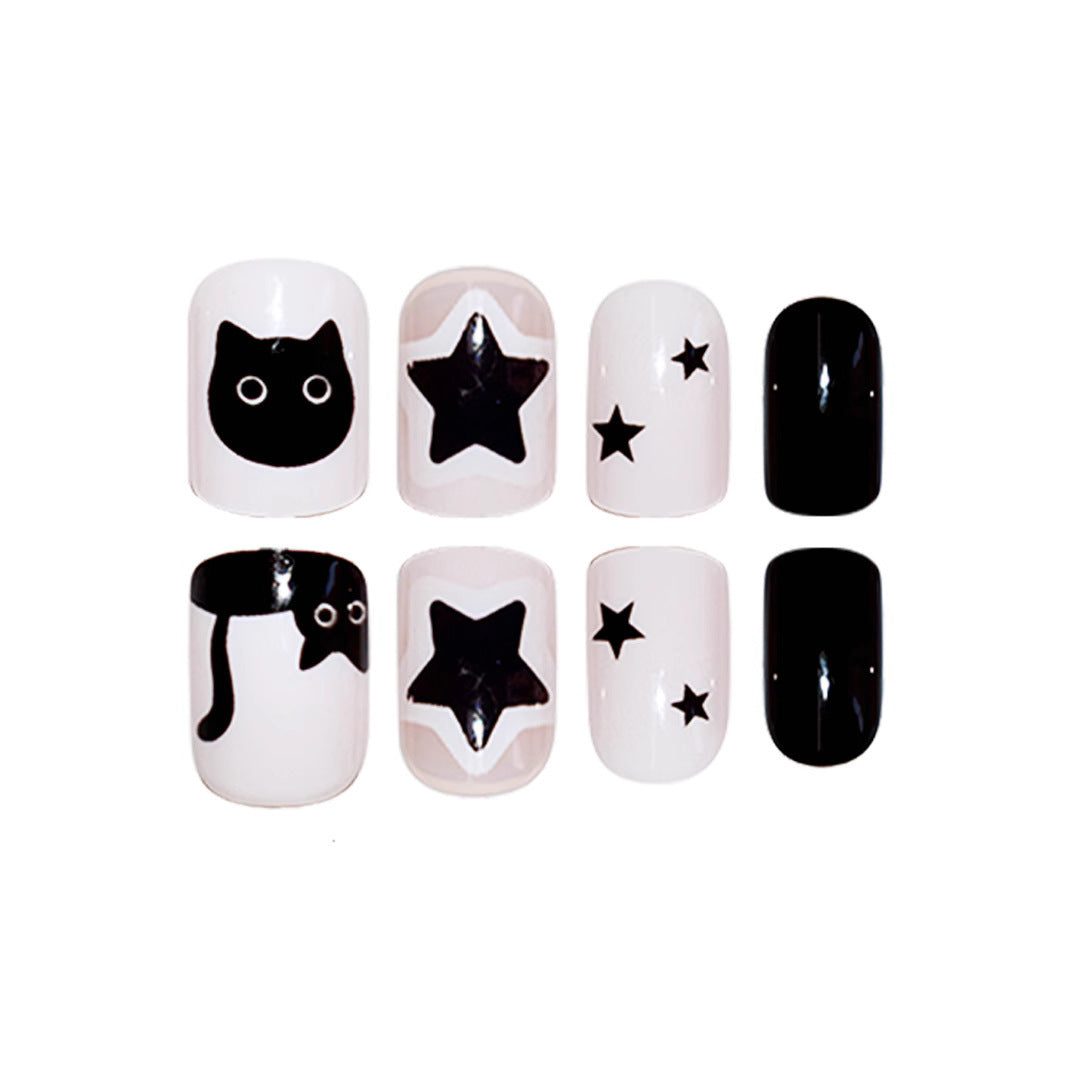 Playful Cat and Star-Themed Press-On Nail Art Extensions Stornfield