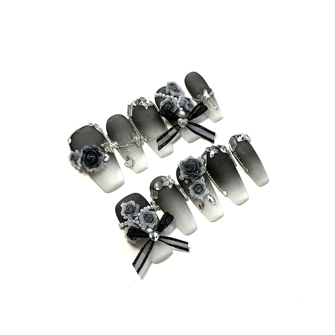 Decorative Floral Press-On Nail Set with Gem Accents