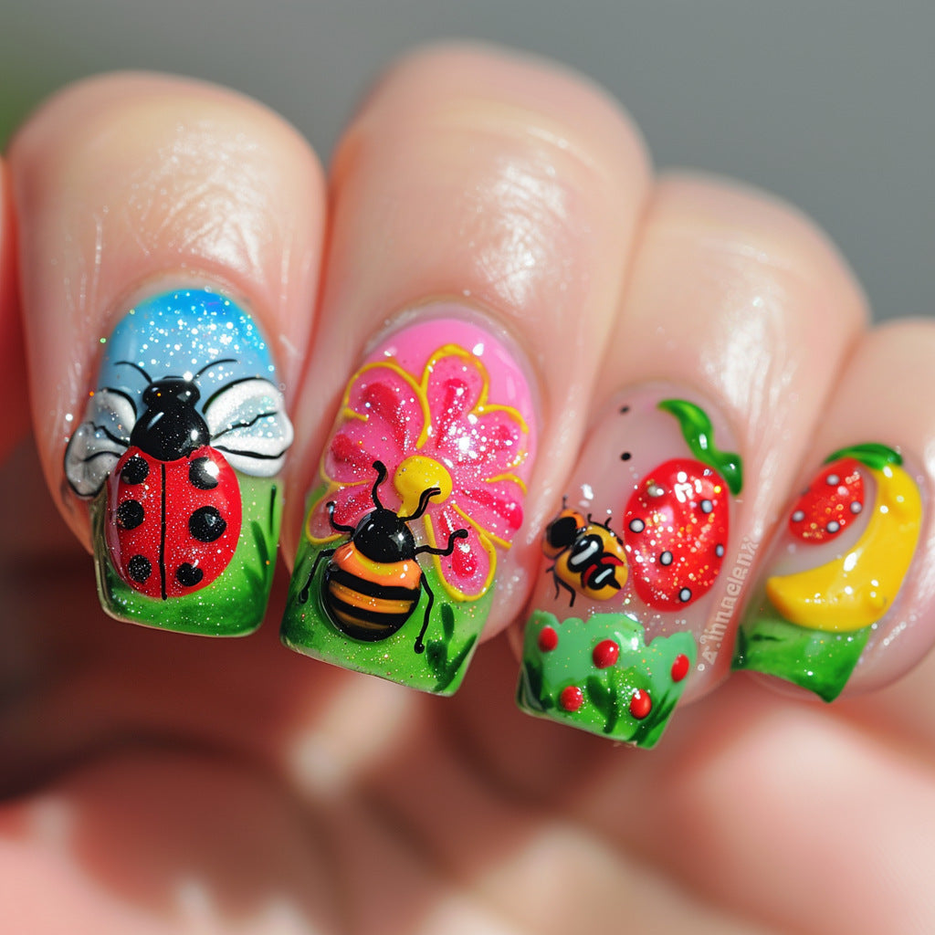 Artistic nail art with insect and flower motifs Stornfield