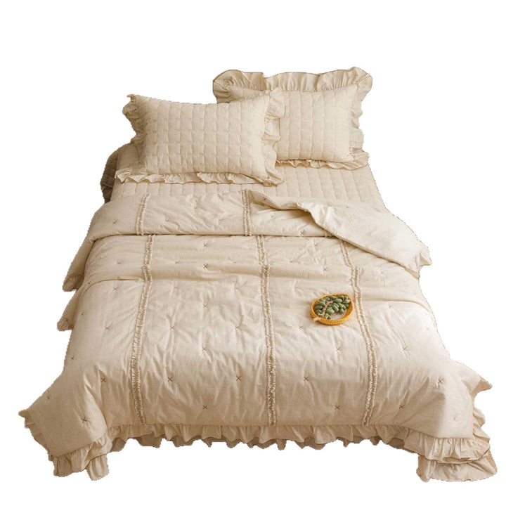 Quilted Ruffled Linen-Blend Duvet Cover Set with Bedskirt and Pillow Shams