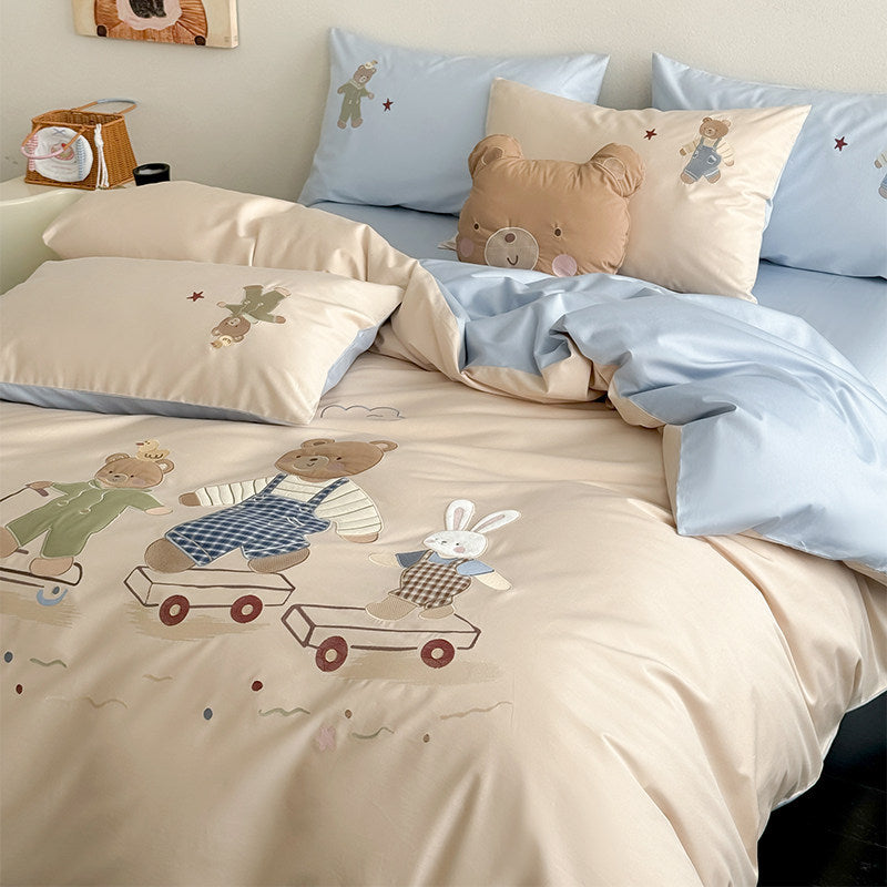 Children's Embroidered Cotton Duvet Cover Set with Playful Bear & Bunny Appliqué