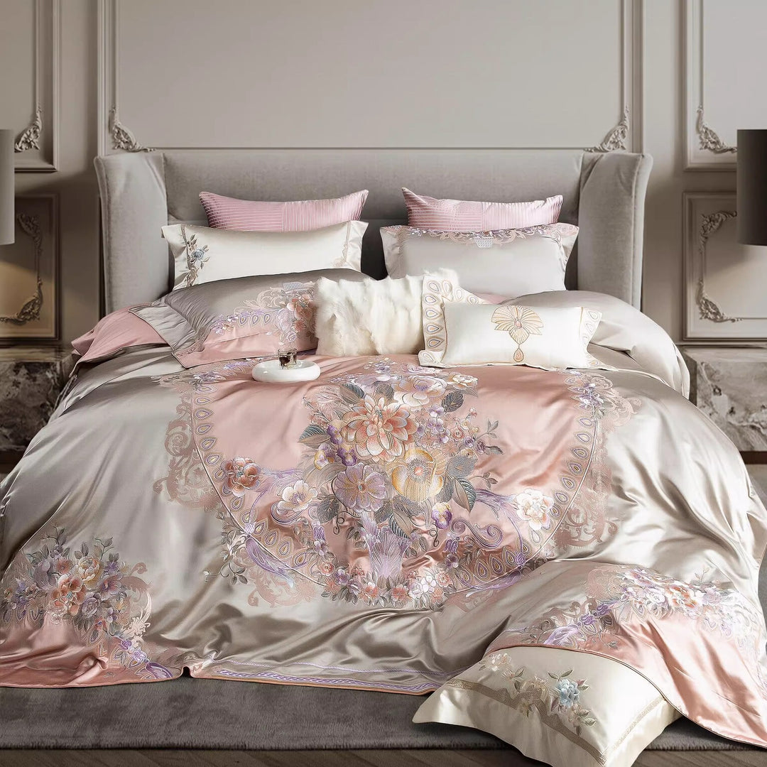 Embroidered Satin Silk Floral Duvet Cover Bedding Set with Decorative Pillow Shams