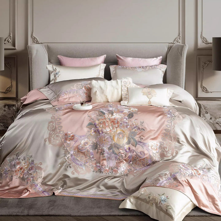 Embroidered Satin Silk Floral Duvet Cover Bedding Set with Decorative Pillow Shams