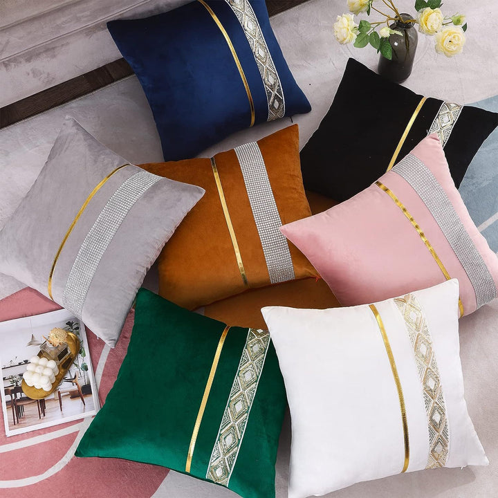 Decorative Velvet Square Throw Pillow with Metallic Trim and Rhinestone Band
