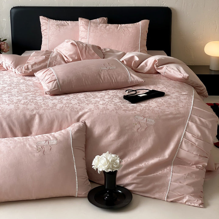 Luxury Jacquard Satin Ruffled Duvet Cover Set with Embroidered Accents
