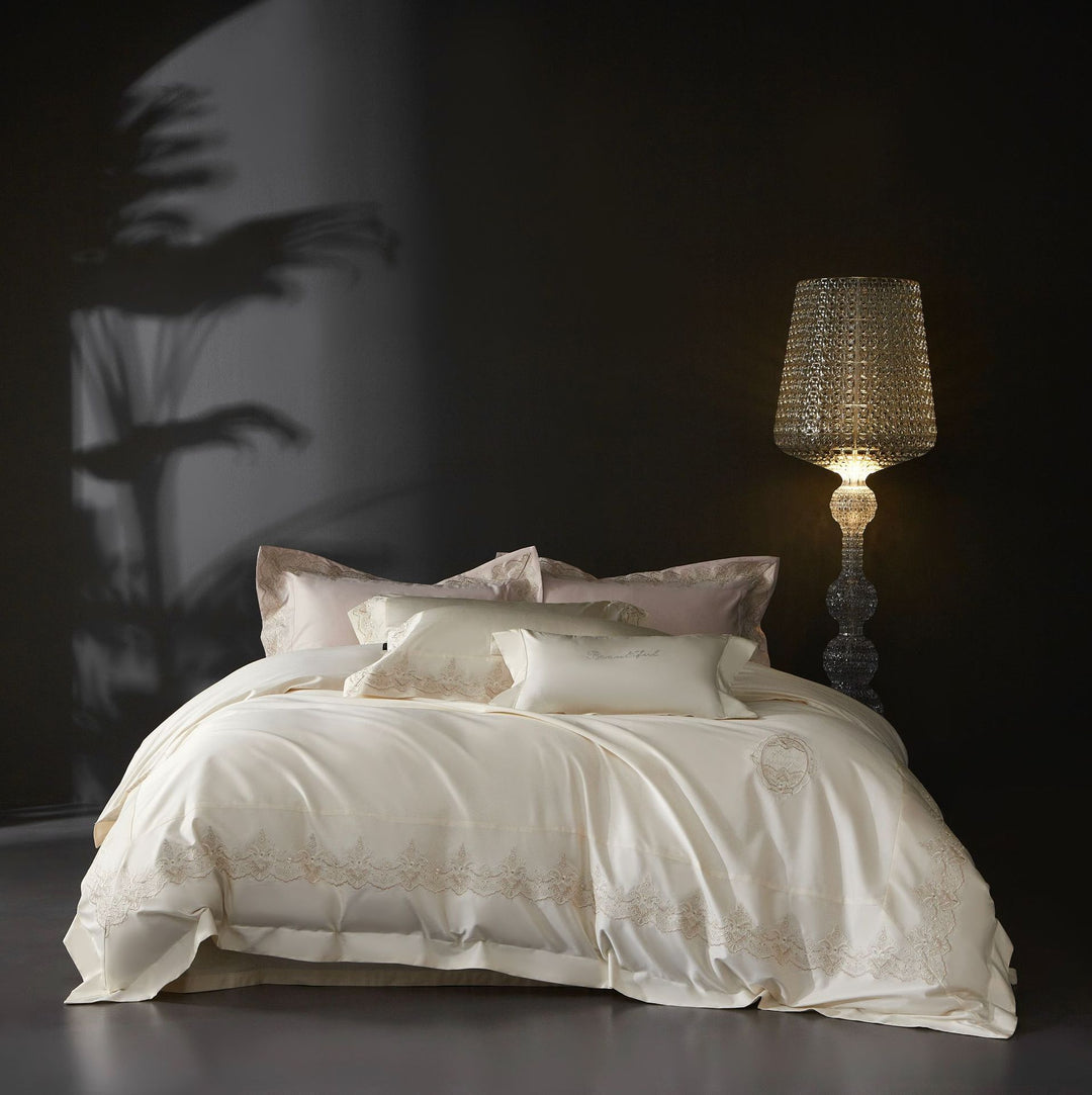 Luxury Satin-Feel Embroidered Lace-Trim Bedding Duvet Comforter Set
