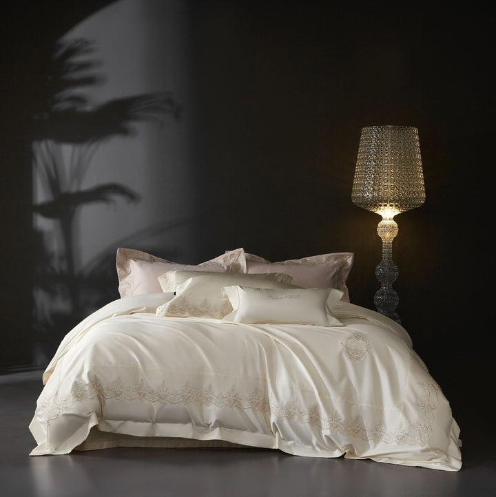 Luxury Satin-Feel Embroidered Lace-Trim Bedding Duvet Comforter Set