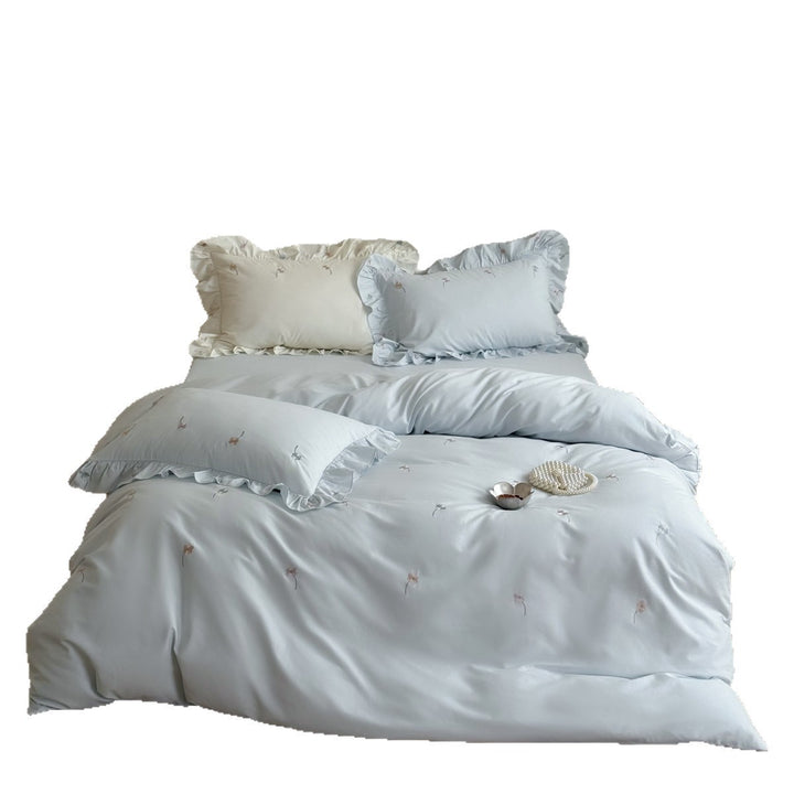 Embroidered Mini-Floral Sateen Duvet Cover Set with Frilled Pillow Shams and Accent Cushion Cover