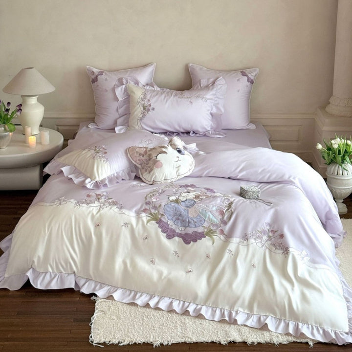 Floral Fairy Embroidered Ruffled Duvet Cover Set with Plush Decorative Pillow